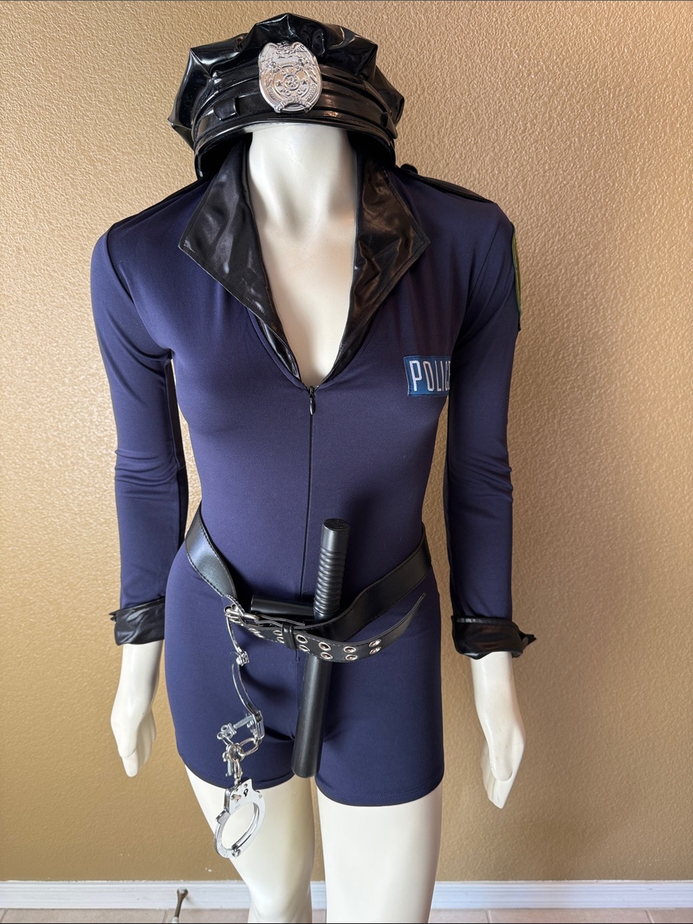 Y2K Vintage Leg Avenue Police Romper Costume with Badge , hat & handcuff accs.